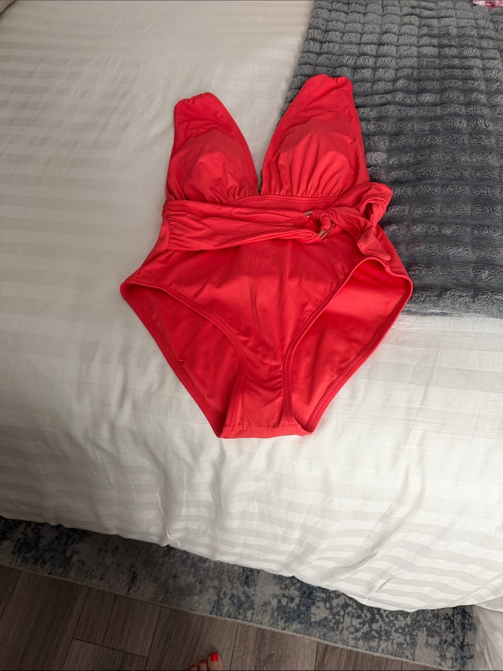 Michael Kors Deep Coral One-Piece Swimsuit with Waist Tie